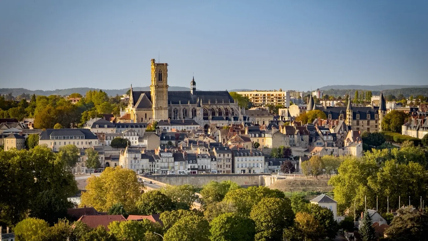 Vue sur les toits de Nevers, la tour de la cathédrale dominant les arbres