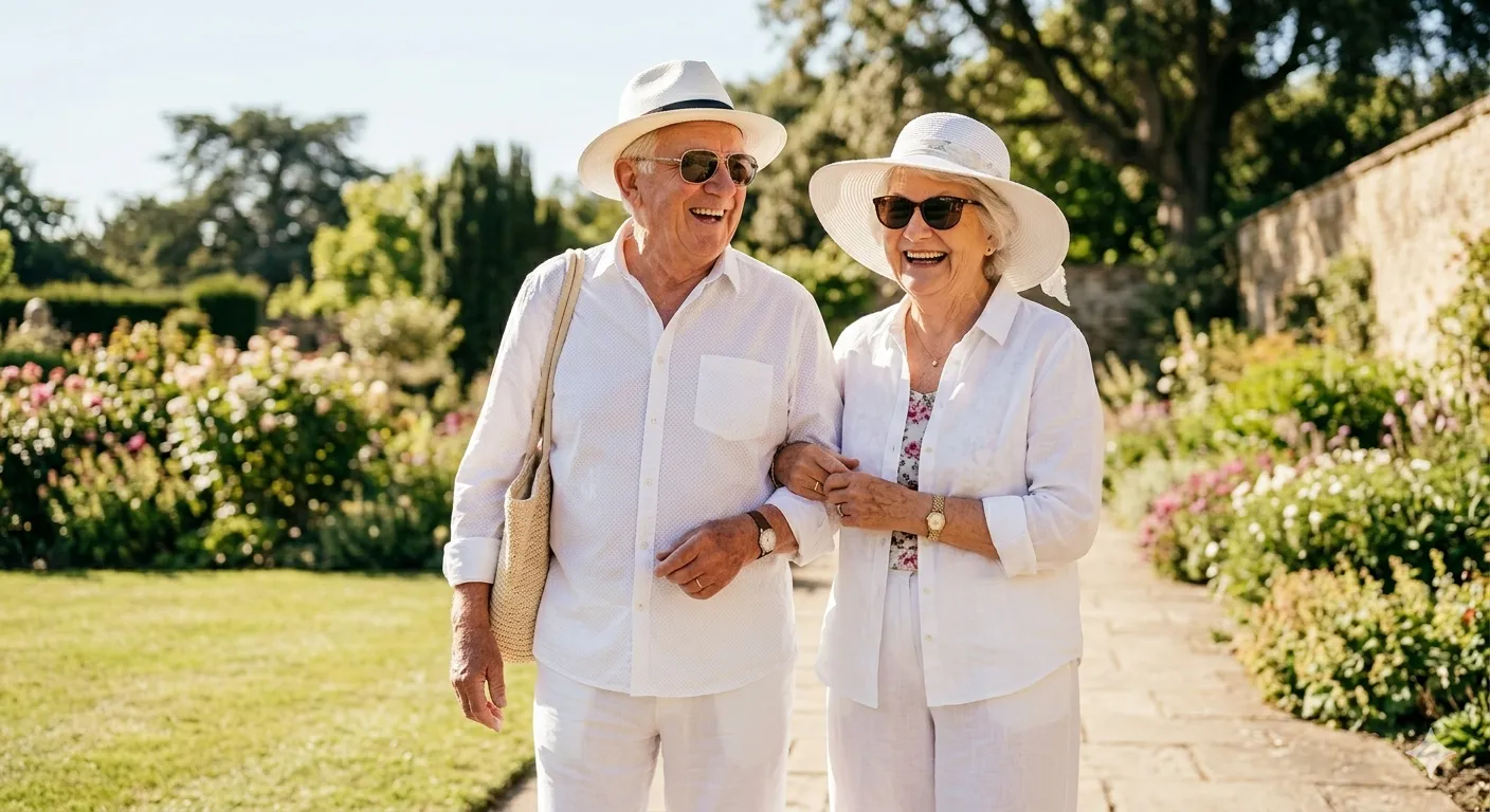 Un couple de seniors en tenue blanche et chapeaux de soleil se promène bras dessus bras dessous dans un jardin fleuri