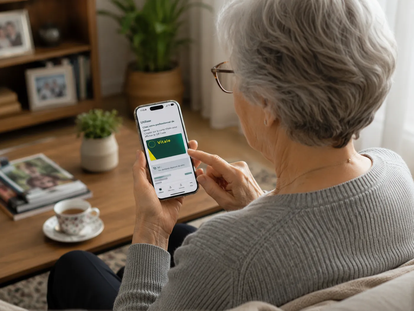 Une femme âgée assise dans son canapé consulte sa carte Vitale affichée sur son smartphone