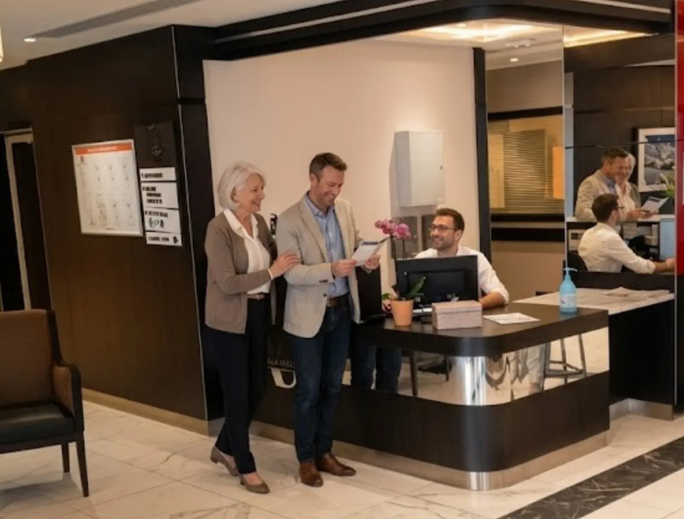 Deux visiteurs échangent avec l'hôtesse à l'accueil de la résidence