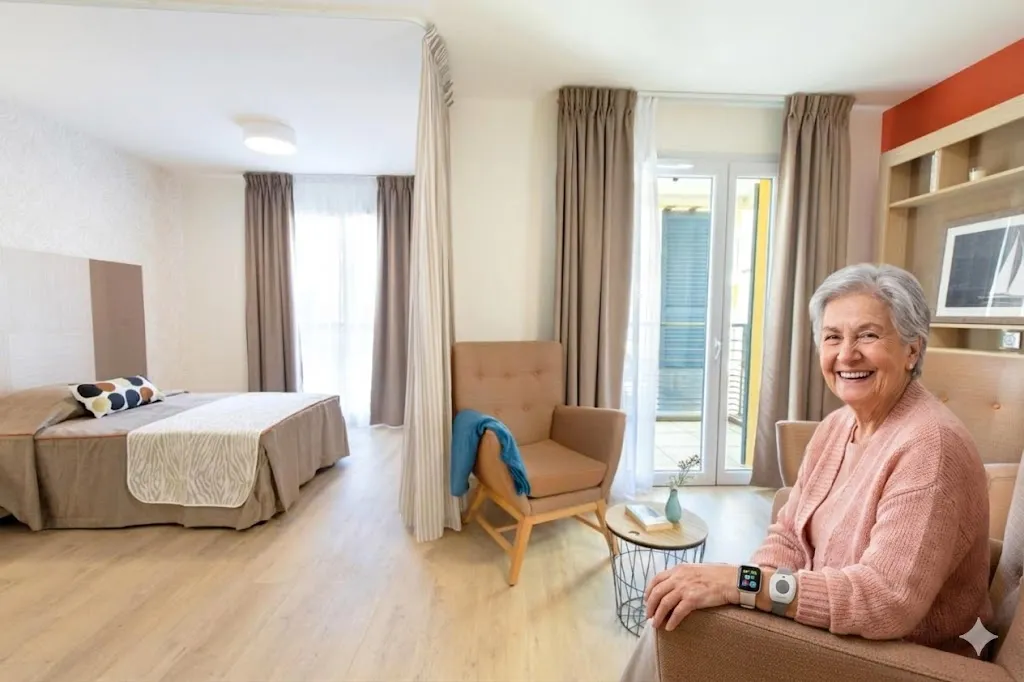 Une résidente assise près de la fenêtre de son appartement, le lit et la porte-fenêtre derrière elle