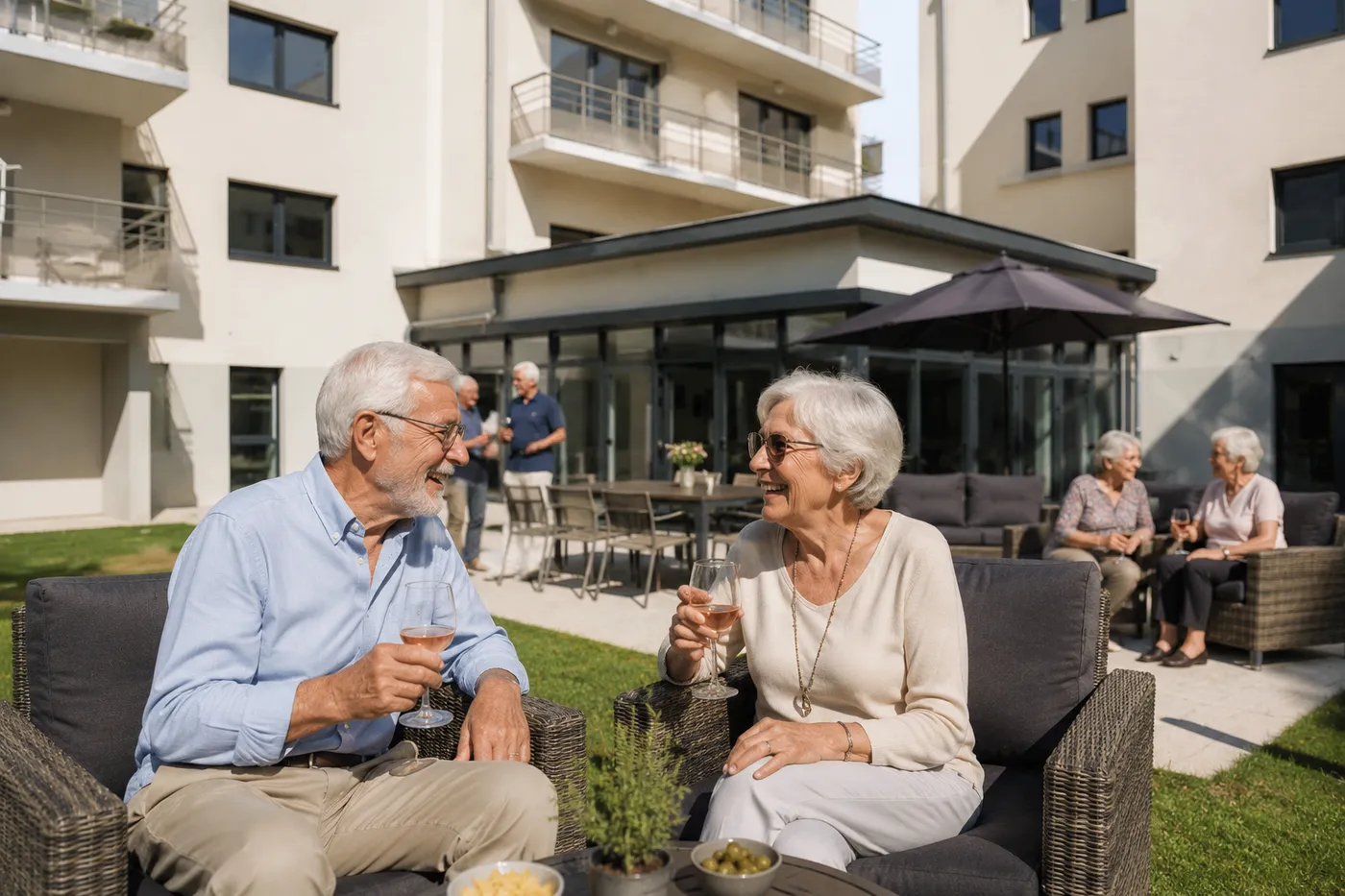 Un couple de seniors bavarde, verre à la main, sur la terrasse du jardin, d'autres résidents derrière eux