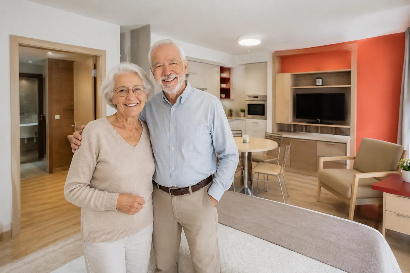 Un couple de seniors bras dessus bras dessous au milieu de son appartement meublé