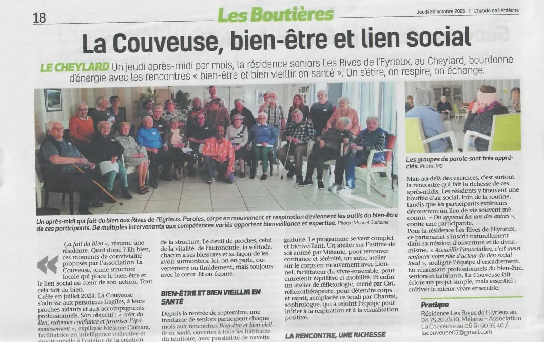 Coupure de presse des Boutières consacrée aux séances bien-être menées avec l'association La Couveuse au Cheylard