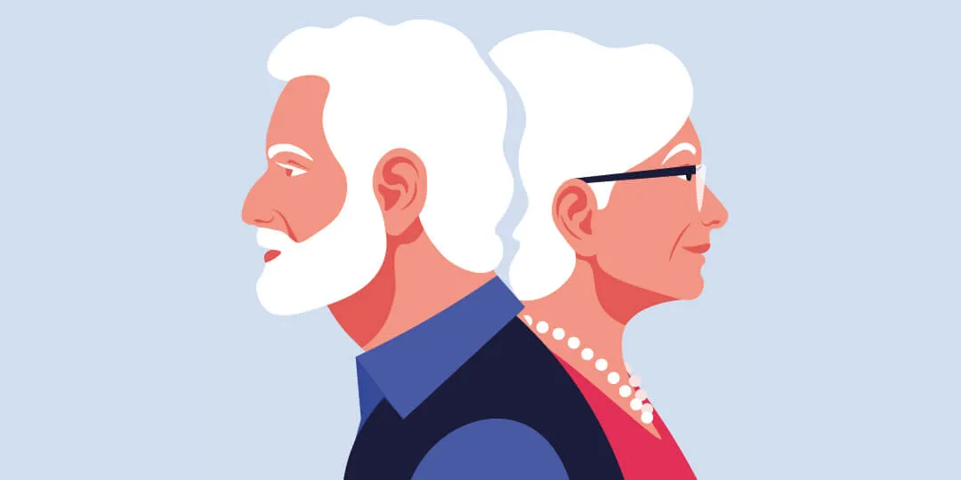 Illustration à plat d'un homme et d'une femme âgés représentés dos à dos, de profil