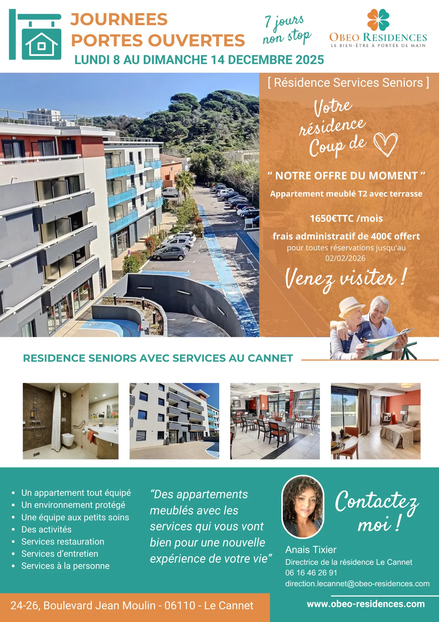Flyer des journées portes ouvertes de la résidence du Cannet, du 8 au 14 décembre 2025, avec des photos des appartements