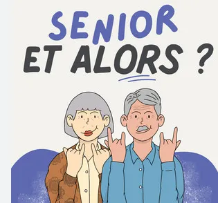 Dessin de deux seniors faisant le signe des cornes à côté du slogan Senior et alors