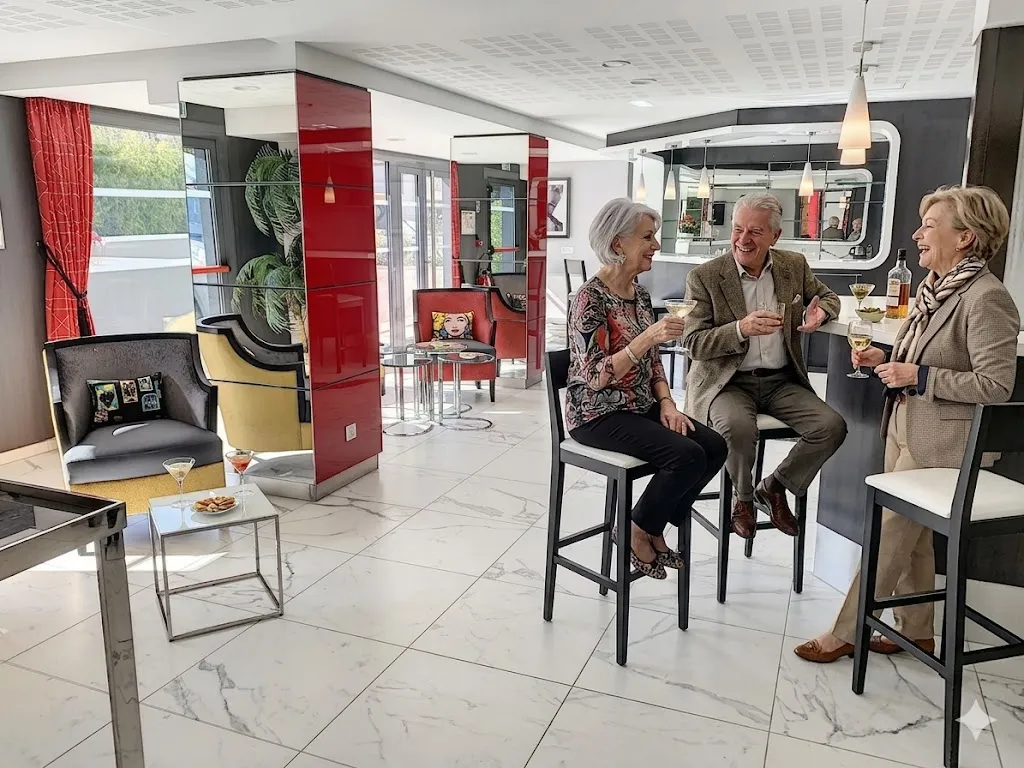 Trois résidents installés sur des tabourets hauts autour d'une table de bar dans le hall de la résidence