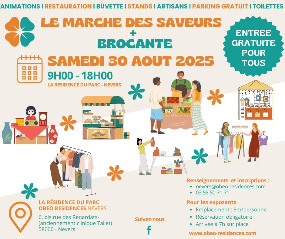 Affiche du Marché des Saveurs et de la brocante à la Résidence du Parc de Nevers le samedi 30 août 2025
