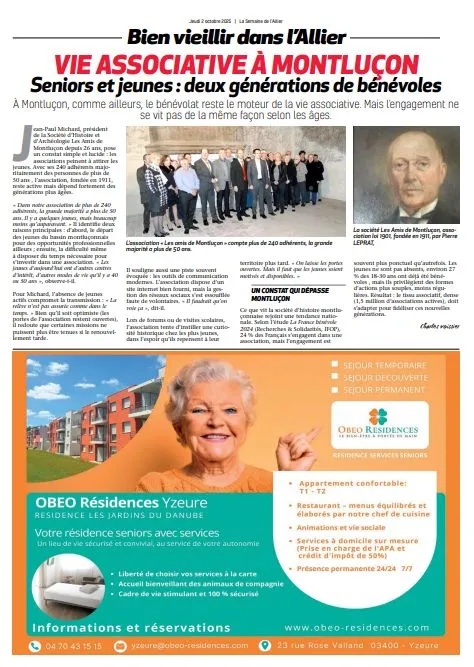 Page de presse consacrée à la vie associative à Montluçon, avec une publicité OBEO Résidences Yzeure en dessous