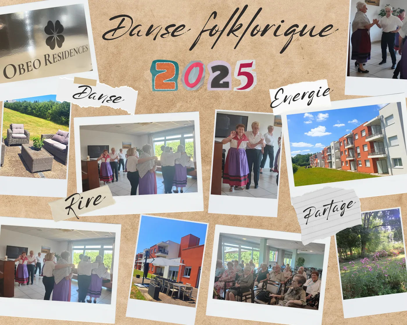 Montage titré « Danse folklorique 2025 » : polaroïds de danseurs en costume traditionnel et de spectateurs attablés