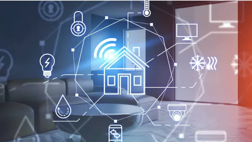 Illustration d’un logement connecté : icônes d’éclairage, de chauffage, de sécurité et d’électroménager autour d’une maison