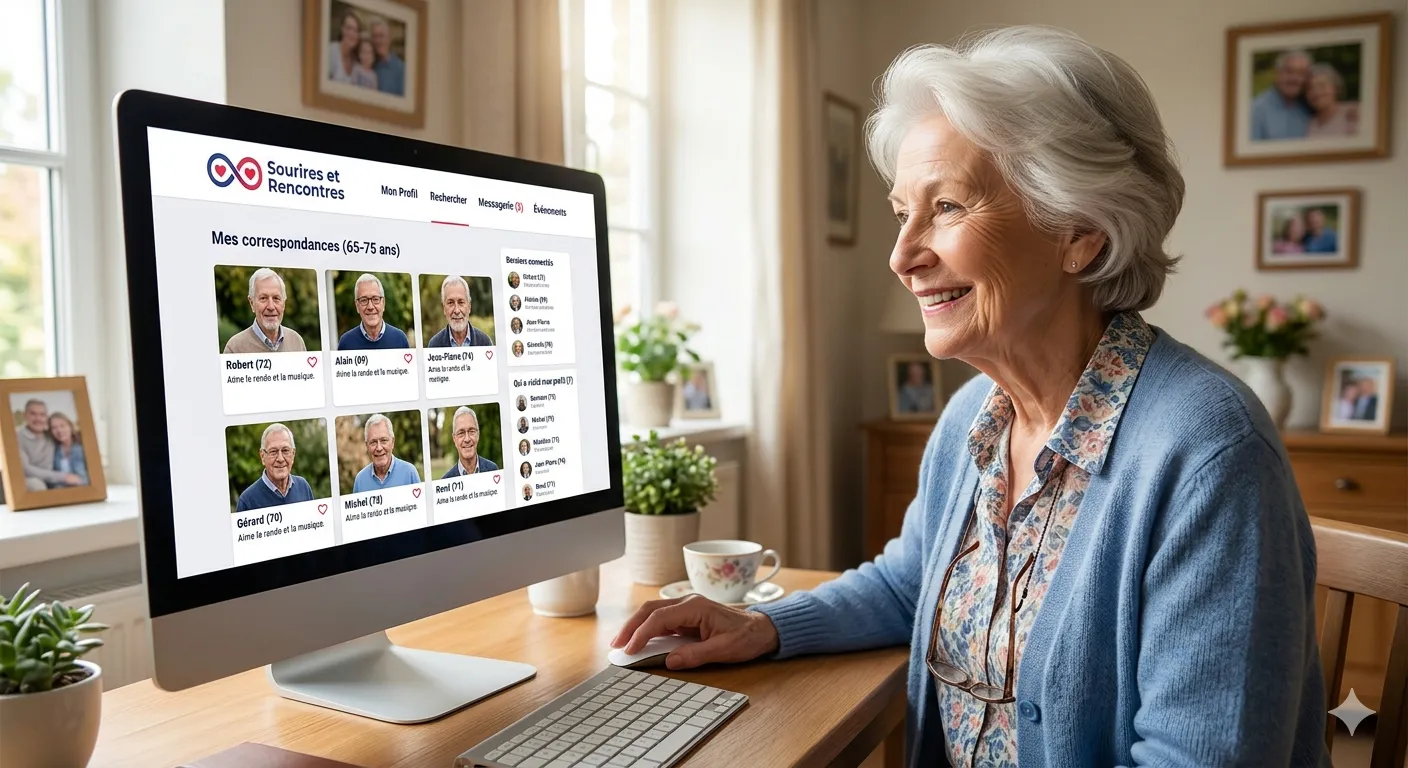 Une femme âgée devant son ordinateur parcourt les profils affichés par un site de rencontres