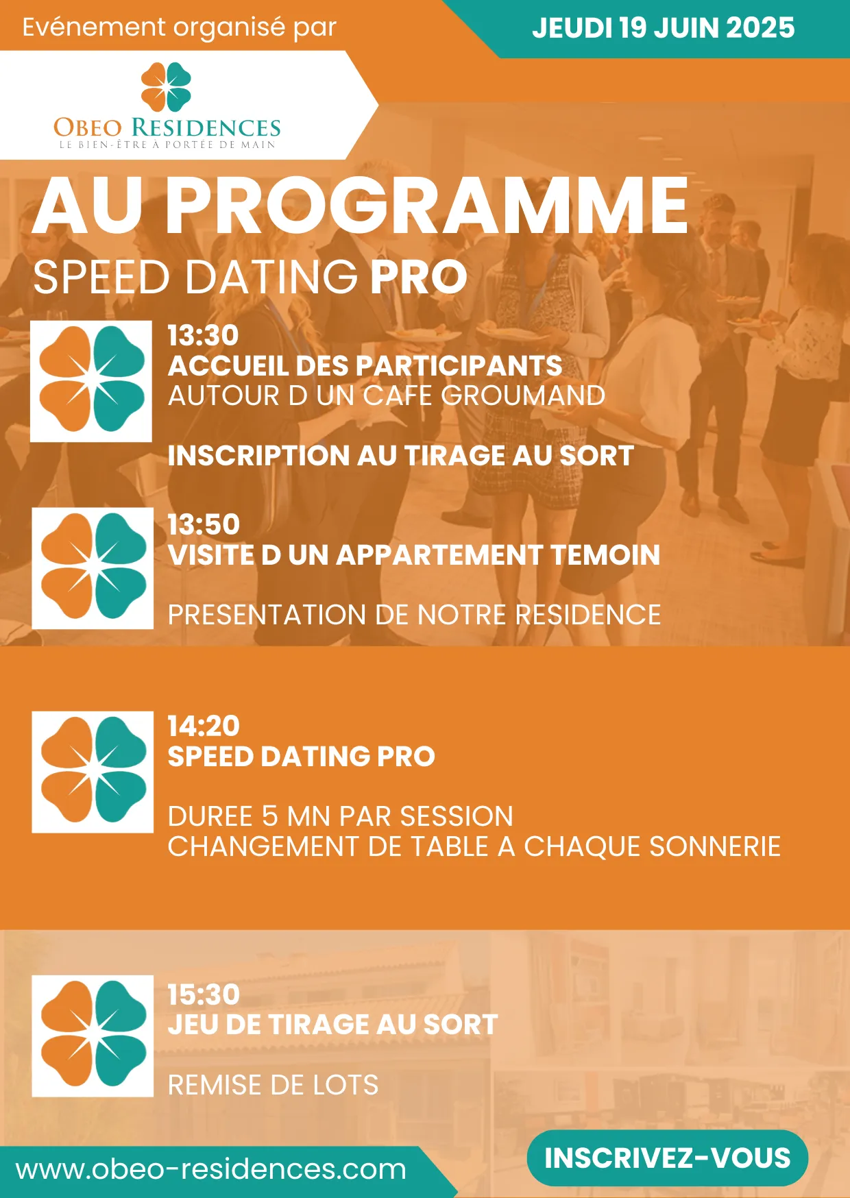 Programme de l'après-midi Speed Dating Pro, du café d'accueil au tirage au sort
