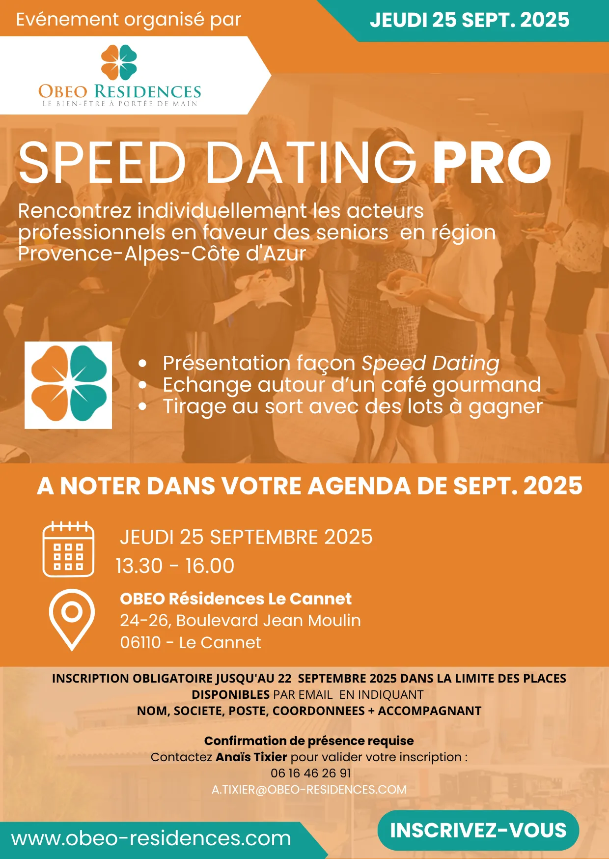Affiche orange de l'invitation au Speed Dating Pro du jeudi 25 septembre 2025, avec l'horaire et l'adresse du lieu