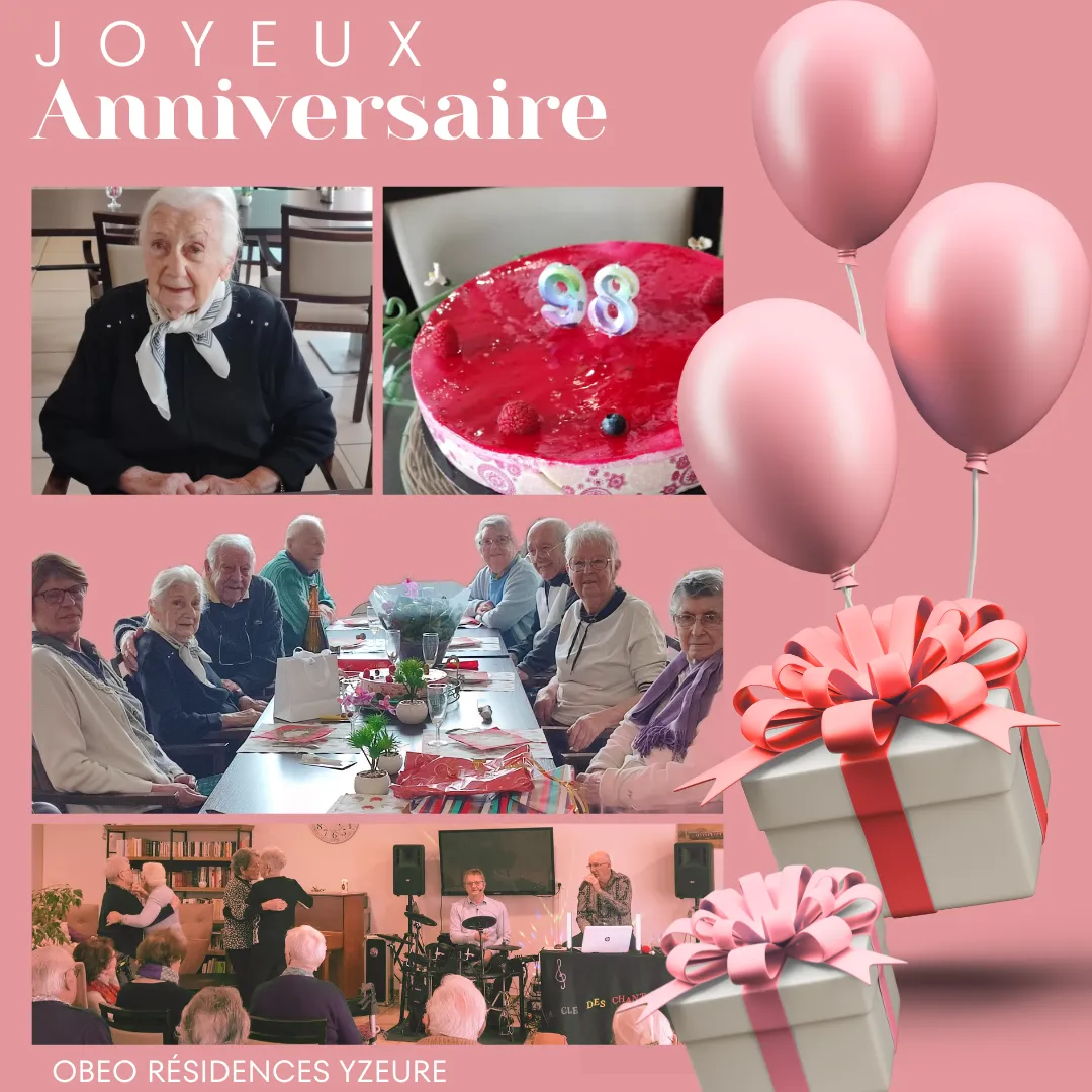 Montage d'anniversaire pour une résidente : son portrait, un gâteau glacé du chiffre 98 et des ballons roses