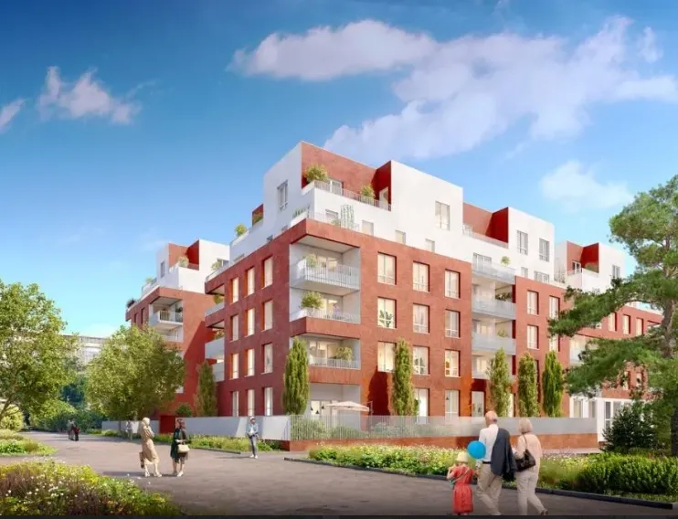 Façade en briques rouges et attiques blancs végétalisés de la résidence seniors OBEO de Toulouse-Guillaumet, entourée de pins et d'un jardin paysager (perspective d'architecte)