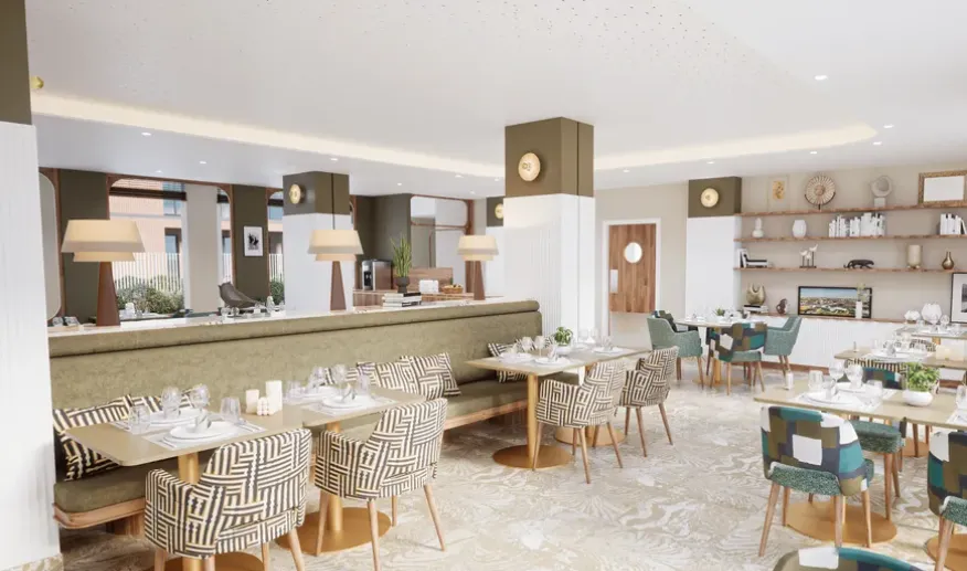 Espace restaurant de la résidence seniors OBEO Toulouse-Guillaumet : tables dressées et chaises graphiques dans une ambiance chaleureuse et conviviale