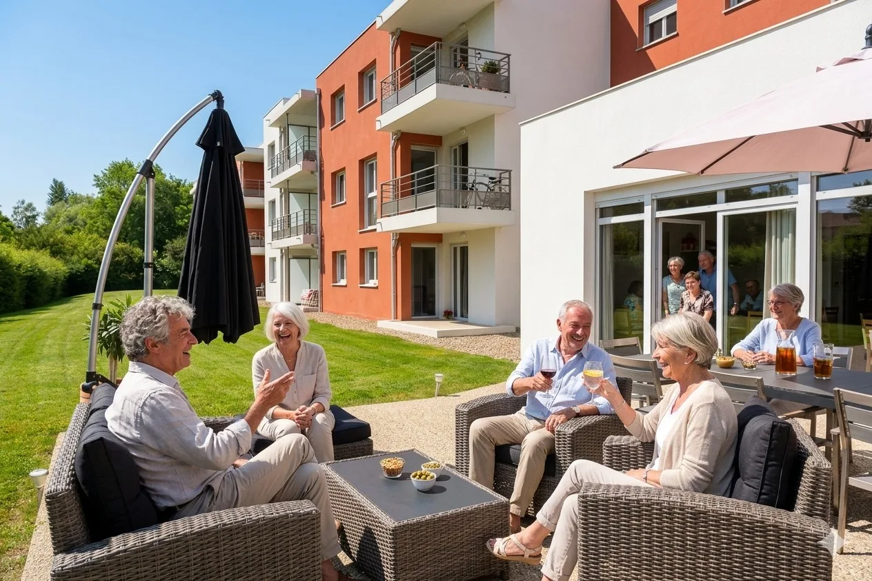 Terrasse et pelouse de la résidence OBEO d’Yzeure : salon de jardin en résine tressée et parasols au pied des balcons orange, résidents installés à l’ombre